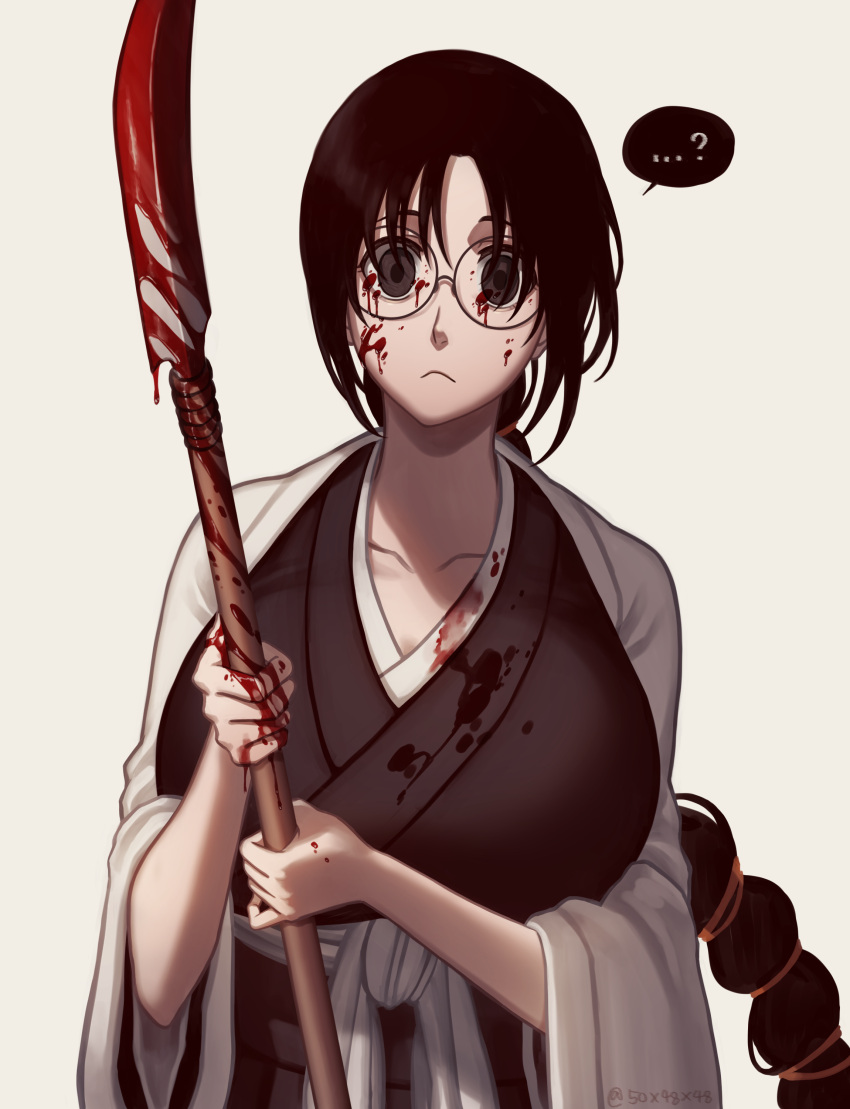 50x48x48 absurdres black_hair bleach blood blood_on_breasts blood_on_clothes blood_on_face blood_on_weapon breasts brown_eyes empty_eyes glasses highres holding holding_weapon japanese_clothes katori_batsuunsai kimono large_breasts long_hair looking_at_viewer round_eyewear sash weapon wide_sleeves