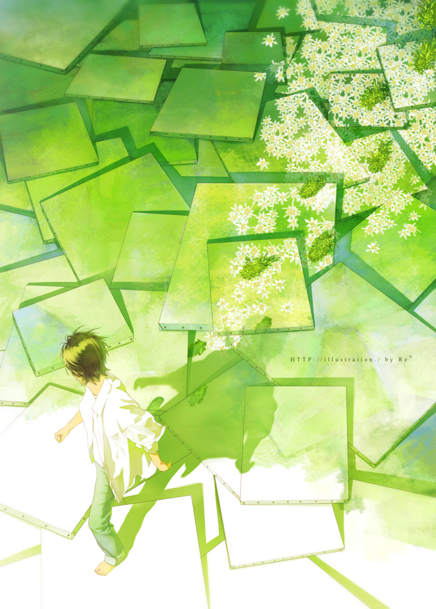 1boy arms_at_sides barefoot brown_hair canvas_(object) daisy denim dress_shirt facing_away flower footprints from_above from_behind grass green_theme highres jeans leaf light limited_palette long_sleeves looking_back male_focus nape open_clothes open_shirt original painting_(object) pants plant rido_(ridograph) shadow shirt sidelighting sprout too_many too_many_canvas walking white_flower white_shirt wide_shot
