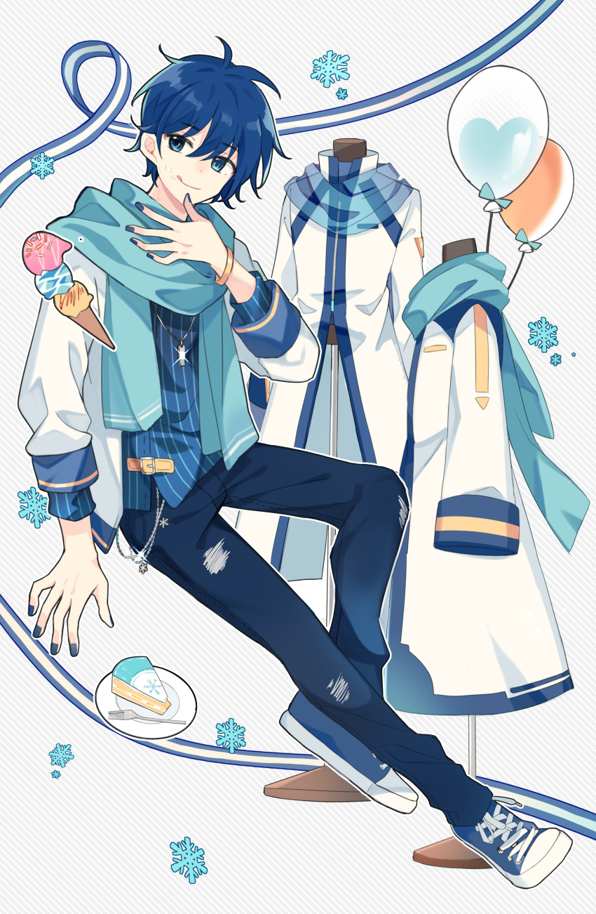 1boy absurdres aqua_scarf balloon blue_eyes blue_footwear blue_hair blue_nails blue_shirt bracelet cake cake_slice casual closed_mouth clothes coat denim diagonal_stripes dot_nose fenghu_(huli) fingernails food food_on_face fork glint gold_bracelet grey_background high_collar highres ice_cream ice_cream_cone jacket jeans jewelry kaito_(vocaloid) kaito_(vocaloid3) long_sleeves male_focus mannequin necklace outline pants partially_unzipped plate ribbon scarf see-through shirt shoes sideways_glance simple_background smile sneakers snowflake_background snowflakes sprinkles striped striped_background striped_ribbon striped_shirt syrup tongue tongue_out tsurime two-tone_background vertical-striped_shirt vertical_stripes vocaloid white_background white_coat white_jacket white_outline zipper
