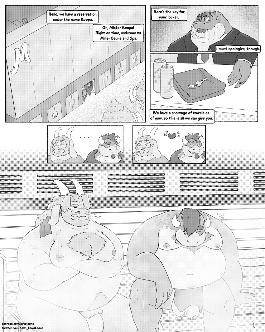 &lt;3 2023 absurd_res anthro asgore_dreemurr balls belly big_belly bovid bovine bowser comic crocodile crocodilian crocodylid detailed_background dialogue duo english_text eyewear flaccid genitals glasses hi_res inside koopa male mammal mario_bros moobs navel nintendo nipples overweight overweight_male penis reptile sato_afroleone sauna scalie sitting steam text undertale_(series)