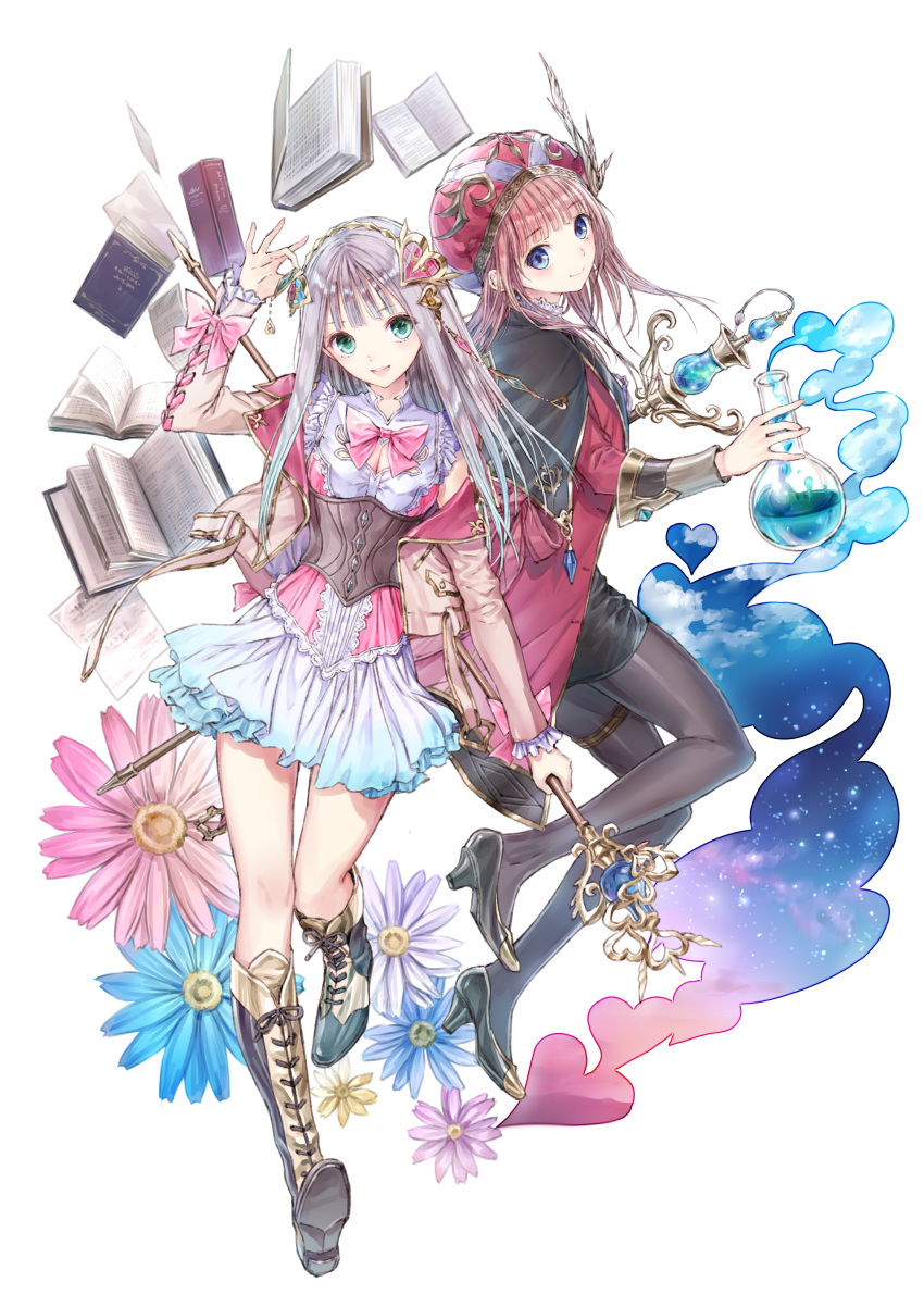 2girls absurdres atelier_(series) atelier_lulua blue_eyes blue_hair blush book boots bow bowtie brown_hair circlet cleavage_cutout clothing_cutout cloud commentary_request dress elmerulia_fryxell flask flower full_body gradient_hair green_eyes grey_hair hair_ornament hat heart heart_cutout heart_hair_ornament high_heels highres holding holding_flask holding_staff jacket kishida_mel knee_boots long_hair looking_at_viewer mother_and_daughter multicolored_hair multiple_girls open_clothes open_jacket pantyhose pencil_skirt pink_bow pink_bowtie rororina_fryxell round-bottom_flask skirt sky smile smoke staff star_(sky) starry_sky thigh_strap two-tone_hair