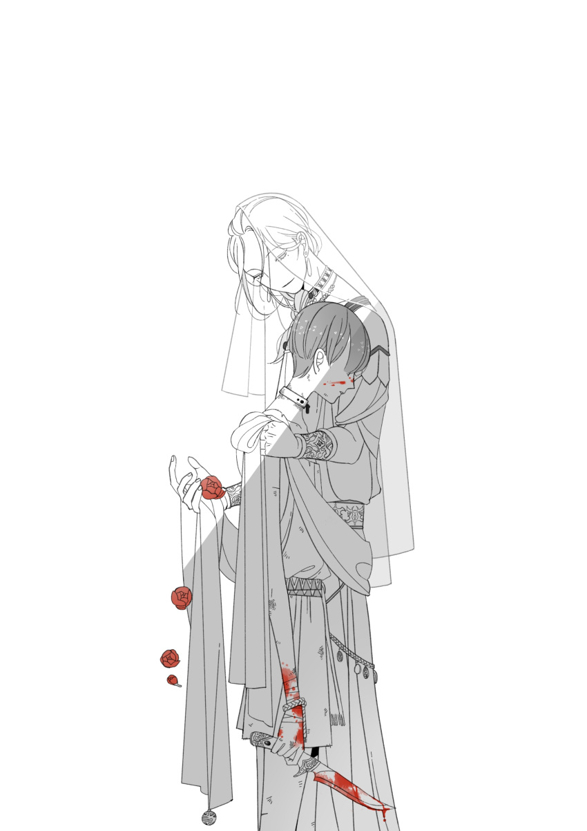 1boy 1other absurdres aechmea_(houseki_no_kuni) ajing073 alternate_universe androgynous arm_at_side arm_guards belt blood blood_on_clothes blood_on_face blood_on_hands blood_on_weapon bracelet bruise coin_(ornament) collar cowboy_shot depressed earrings facing_down flower from_side hand_on_another's_shoulder hands_up height_difference highres holding holding_knife holding_weapon houseki_no_kuni injury jewelry knife looking_at_another looking_away looking_to_the_side mole mole_under_eye monochrome necklace phosphophyllite phosphophyllite_(ll) ponytail profile red_flower see-through short_hair side-by-side simple_background smirk spot_color standing toga veil weapon