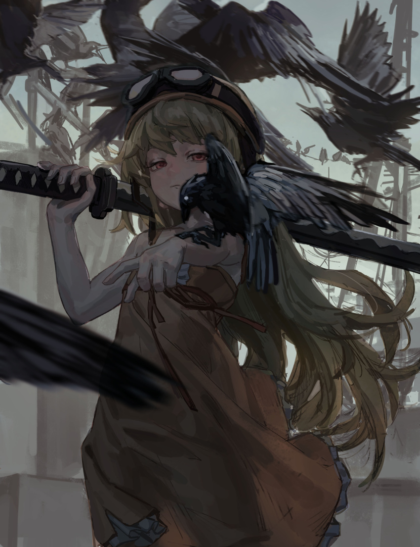 1girl absurdres animal animal_on_arm bare_arms bare_shoulders bird blonde_hair brown_headwear closed_mouth commentary_request dress frilled_dress frills goggles goggles_on_headwear hat highres holding holding_sword holding_weapon katana long_hair monogatari_(series) oshino_shinobu over_shoulder pink_dress red_eyes sheath sheathed sleeveless sleeveless_dress solipsist solo sword sword_over_shoulder very_long_hair weapon weapon_over_shoulder