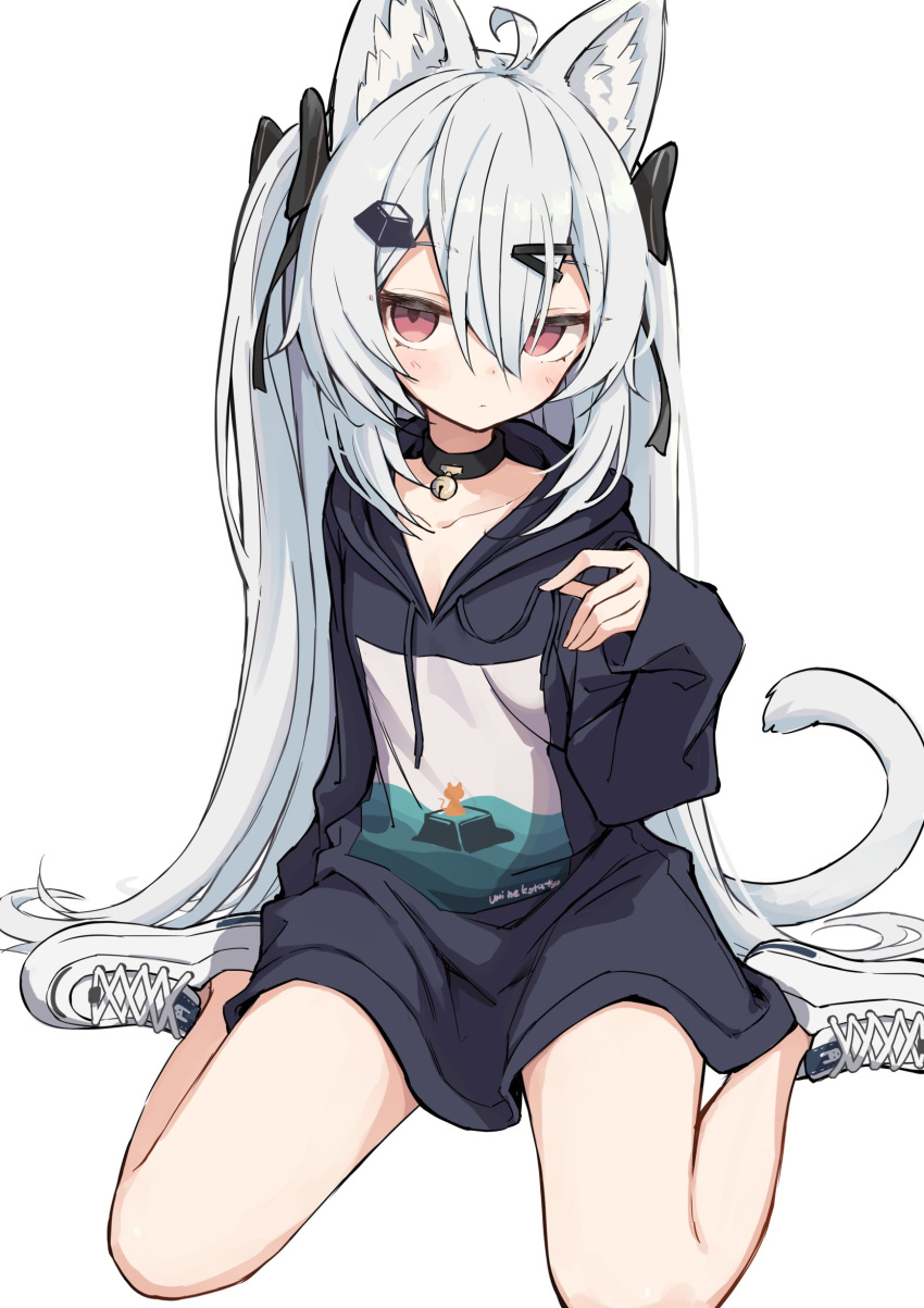 1girl absurdres animal_ear_fluff animal_ears bell black_choker black_hoodie cat_ears cat_girl cat_tail choker closed_mouth commission expressionless highres hood hood_down hoodie long_hair long_hoodie long_sleeves looking_at_viewer neck_bell no_pants pink_hair rakutarou_(rakutpi) shoes simple_background sitting skeb_commission sneakers tail two_side_up vrchat wariza white_background white_footwear white_hair