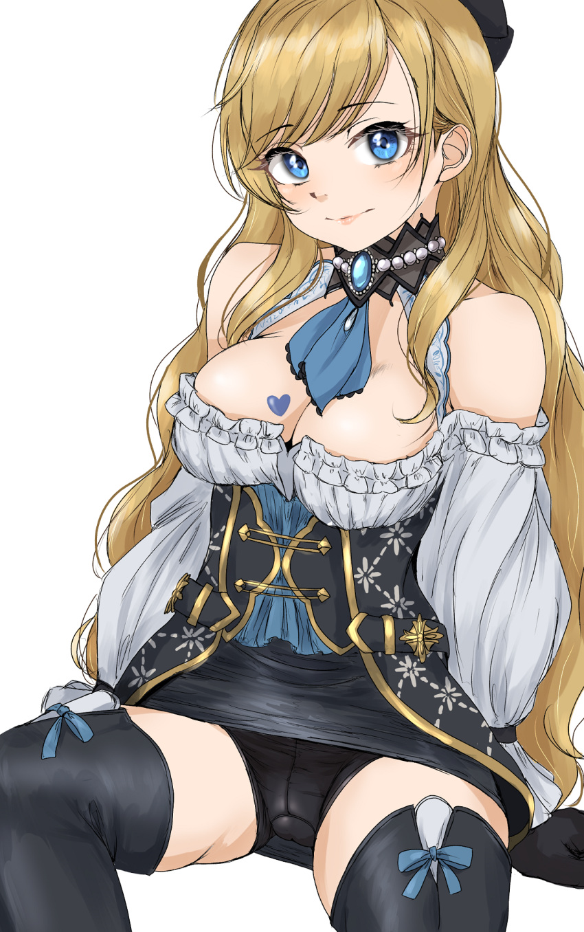 1girl black_panties black_thighhighs blonde_hair blue_eyes blush breasts cleavage dress gatsby_ssl highres idolmaster idolmaster_cinderella_girls idolmaster_cinderella_girls_starlight_stage invisible_chair large_breasts light_smile long_hair looking_at_viewer off-shoulder_dress off_shoulder ohtsuki_yui panties pantyshot simple_background sitting solo spread_legs thighhighs underwear very_long_hair white_background