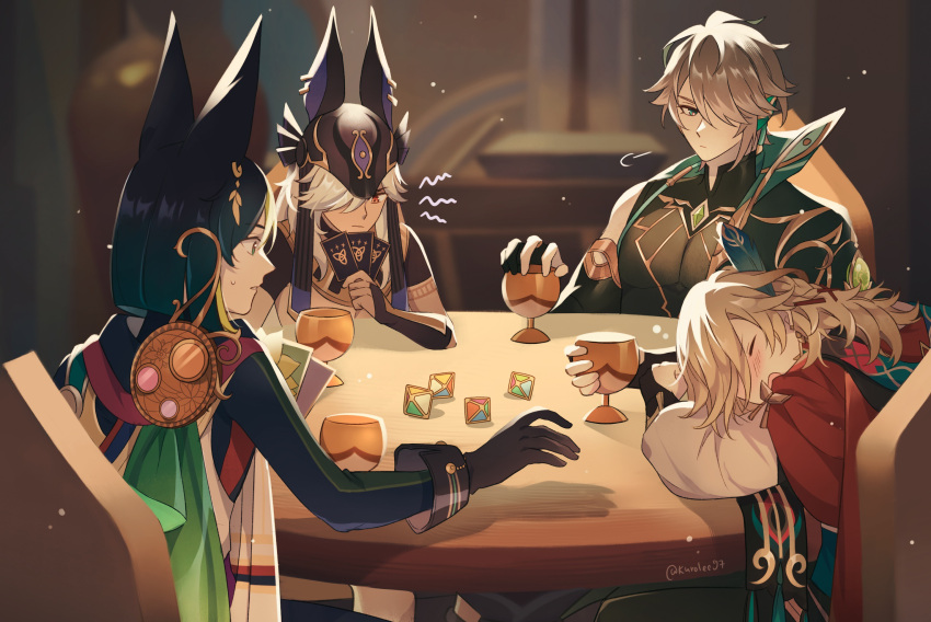 4boys =3 alhaitham_(genshin_impact) animal_ears animal_hat artist_name bangs bare_shoulders black_gloves black_hair black_headwear black_shirt blonde_hair blunt_ends blurry blurry_background blush braid cable cape card card_game chair closed_eyes closed_mouth commentary cup cyno_(genshin_impact) dark-skinned_male dark_skin dice drunk earrings elbow_gloves english_commentary fake_animal_ears feather_hair_ornament feathers fingerless_gloves fox_ears gem genshin_impact gloves gold_trim gradient_hair green_cape green_eyes green_gemstone green_hair grey_hair hair_between_eyes hair_ornament hair_over_one_eye hat highres holding holding_card holding_cup hood hood_down hoodie indoors jackal_ears jewelry kaveh_(genshin_impact) kuro_lee light_particles long_hair long_sleeves looking_at_another male_focus multicolored_clothes multicolored_hair multiple_boys one_eye_covered parted_bangs parted_lips partially_fingerless_gloves playing_card profile red_cape red_eyes shirt short_hair shoulder_cape sidelocks sitting sleeveless sleeveless_shirt sweatdrop swept_bangs table tighnari_(genshin_impact) twitter_username upper_body vision_(genshin_impact) white_shirt wrist_cuffs