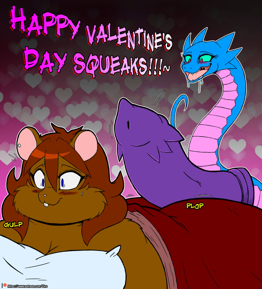 &lt;3 2020 absurd_res anthro bedding black_circus blanket blue_body blue_eyes blue_scales blush bodily_fluids breasts brown_body brown_fur brown_hair buckteeth cricetid digital_media_(artwork) dildo dragon_dildo drooling duo ear_piercing ear_ring english_text female feral fur hair hamster hi_res holidays janet_(viroveteruscy) jo-ann_wolf mammal multicolored_body multicolored_scales obese obese_anthro obese_female open_mouth overweight overweight_anthro overweight_female piercing pillow pink_body pink_scales reptile ring_piercing rodent saliva scales scalie sex_toy snake sound_effects swallowing sweat teeth text two_tone_body two_tone_scales valentine's_day viroveteruscy