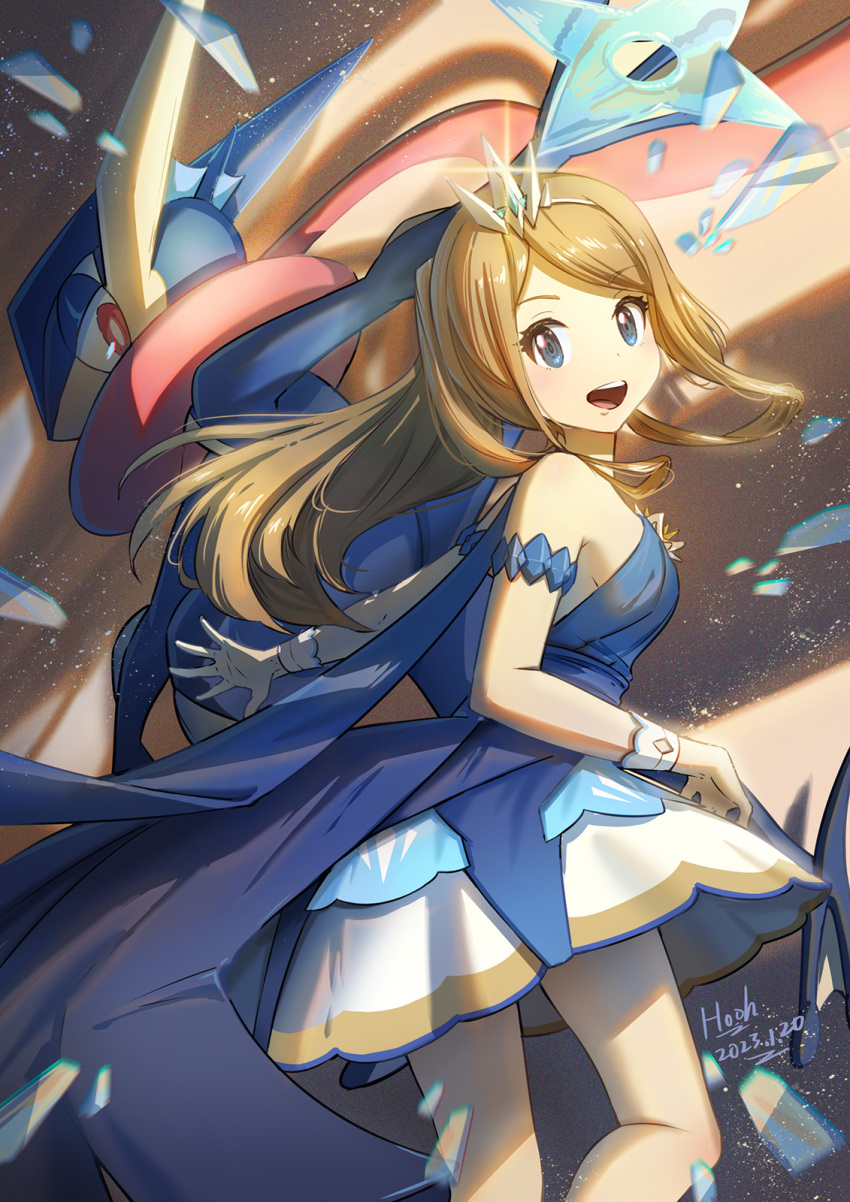 1girl :d bangs blonde_hair blue_dress blue_eyes commentary_request dated dress eyelashes greninja highres ho-oh_(artist) long_hair looking_at_viewer official_alternate_costume open_mouth outstretched_arm pokemon pokemon_(creature) pokemon_(game) pokemon_masters_ex serena_(champion)_(pokemon) serena_(pokemon) shuriken signature smile teeth tiara tongue upper_teeth_only weapon wrist_cuffs