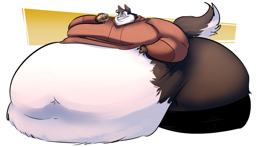 absurd_res anthro belly big_belly big_butt butt canid canine canis domestic_dog food hi_res husky hyper hyper_belly male mammal morbidly_obese nordic_sled_dog obese overweight overweight_male rex_(disambiguation) solo spitz sweatpants_(artist)