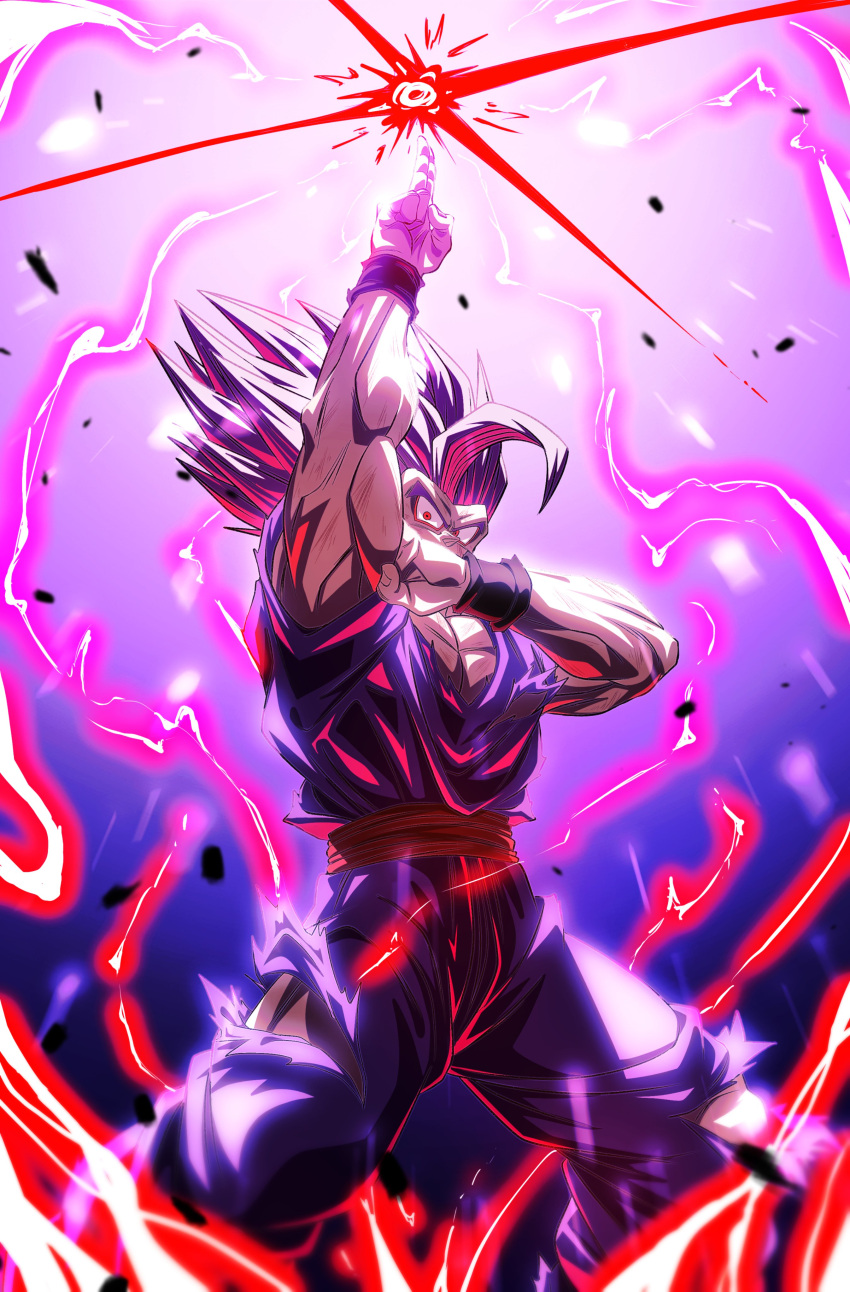 1boy absurdres arm_up biceps black_wristband commentary_request covered_mouth dougi dragon_ball dragon_ball_super dragon_ball_super_super_hero electricity energy feet_out_of_frame gohan_beast gradient_background grey_hair highres looking_at_viewer male_focus muscular muscular_male pectorals purple_background red_eyes red_sash sash scratches sekitsuki_hayato solo son_gohan spiked_hair standing torn_clothes v-shaped_eyebrows wristband