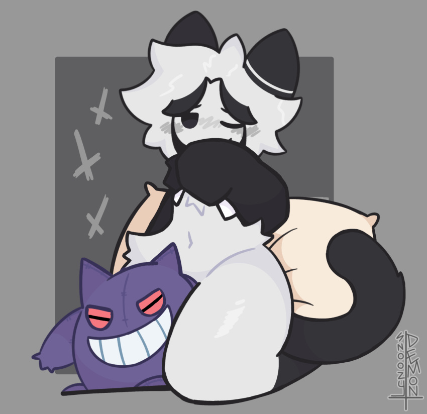 anthro black_body black_fur domestic_cat felid feline felis feminine_pose fluffy fur generation_1_pokemon gengar hi_res male mammal nintendo one_eye_closed pokemon pokemon_(species) roseboy smile snoozy_(snoozydemon) snoozydemon white_body white_fur wink