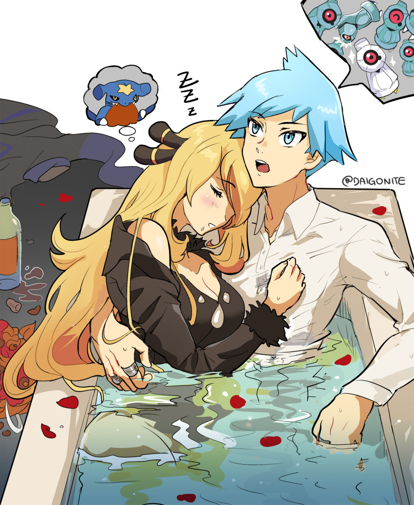 1boy 1girl alternate_color bangs beldum blonde_hair blush bottle breasts cleavage closed_eyes clothed_bath coat collared_shirt commentary_request cynthia_(pokemon) eyelashes fur-trimmed_coat fur_trim garchomp goro_orb hair_ornament highres jewelry long_hair long_sleeves petals pokemon pokemon_(game) pokemon_dppt pokemon_oras ring shared_bathing shiny_pokemon shirt steven_stone thought_bubble twitter_username water watermark white_shirt