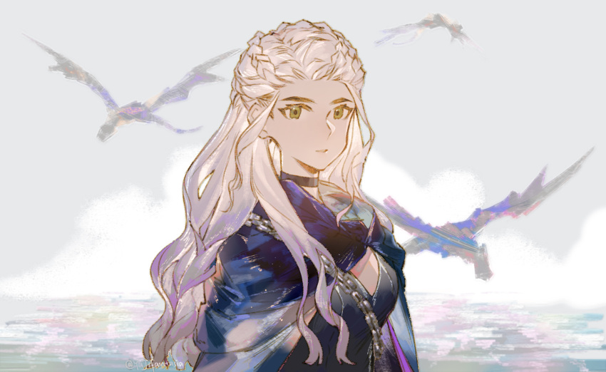 1girl a_song_of_ice_and_fire blue_cloak braid choker cloak daenerys_targaryen dragon dress game_of_thrones green_eyes highres long_hair looking_at_viewer multiple_braids parted_lips twitter_username white_hair yuji_(fantasia)