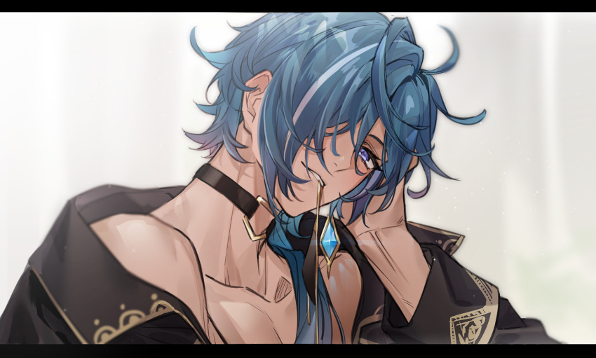 1boy antenna_hair bangs black_choker black_jacket blue_eyes blue_hair choker collarbone commentary_request dark-skinned_male dark_skin earrings eyelashes eyepatch eyepatch_removed genshin_impact gold_trim hair_over_one_eye hair_over_shoulder hand_up head_rest head_tilt highres jacket jewelry kaeya_(genshin_impact) letterboxed light_particles long_hair long_sleeves looking_at_viewer low_ponytail male_focus mouth_hold multicolored_hair off_shoulder omluguru one_eye_covered open_clothes open_jacket parted_bangs parted_lips ponytail sidelocks simple_background single_earring sleeve_cuffs solo star-shaped_pupils star_(symbol) streaked_hair swept_bangs symbol-shaped_pupils teeth upper_body white_background