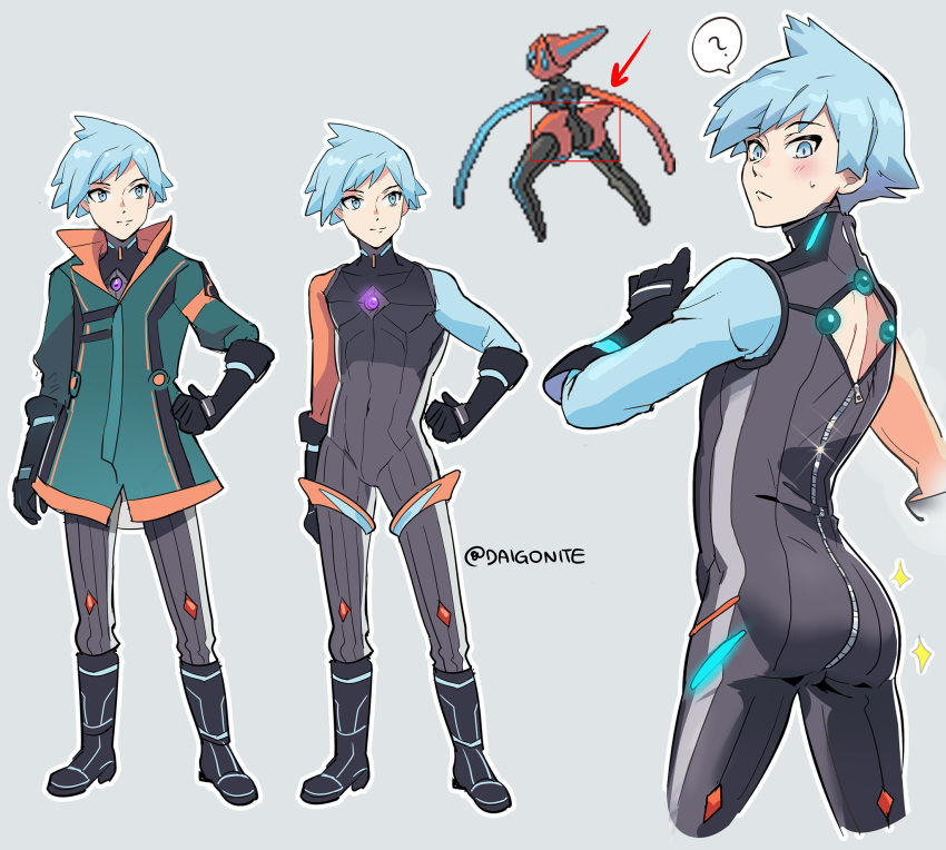 1boy ? arrow_(symbol) back_cutout black_footwear black_gloves blue_eyes blue_hair blush bodysuit boots closed_mouth clothing_cutout coat commentary_request deoxys deoxys_(speed) glint gloves goro_orb green_coat grey_background grey_bodysuit hand_on_hip highres male_focus multiple_views official_alternate_costume outline pokemon pokemon_(game) pokemon_masters_ex short_hair smile spoken_question_mark sprite standing steven_stone steven_stone_(sygna_suit) sweatdrop zipper zipper_pull_tab