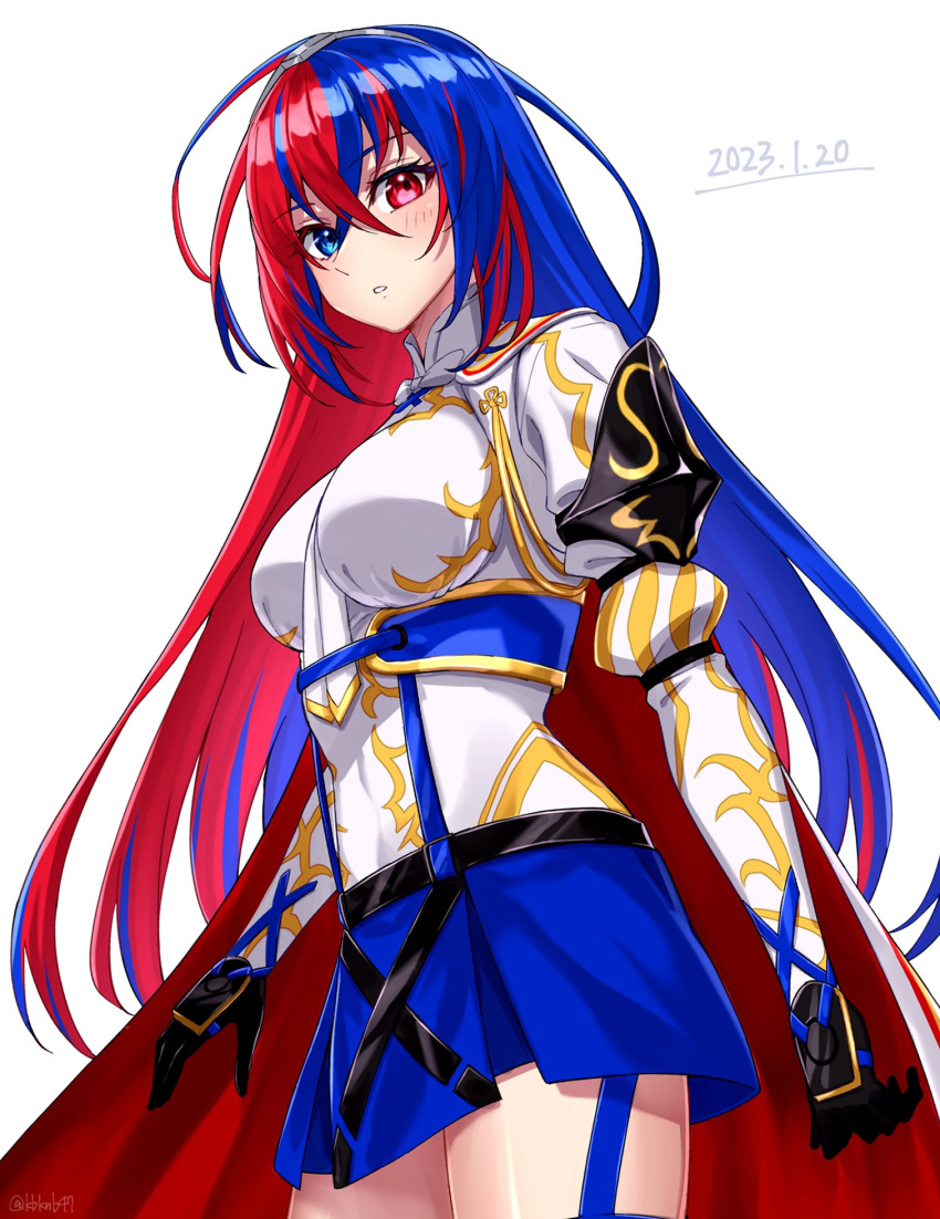 1girl alear_(female)_(fire_emblem) alear_(fire_emblem) armor bangs blue_eyes blue_hair breasts cape crossed_bangs gloves heterochromia highres hoya_kbknb47 long_hair looking_at_viewer medium_breasts multicolored_hair red_eyes red_hair solo split-color_hair thigh_strap thighs tiara two-tone_hair very_long_hair