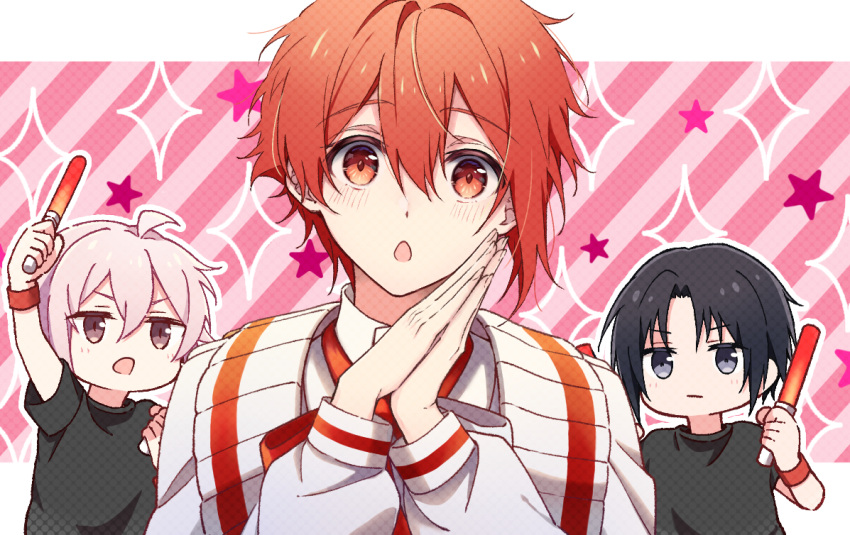 3boys black_hair blush border brown_eyes chibi gomagoma grey_eyes idolish_7 izumi_iori kujou_tenn long_sleeves looking_at_viewer male_focus multicolored_background multiple_boys nanase_riku neckerchief open_mouth pink_background pink_hair red_eyes red_hair red_neckerchief shirt short_hair white_background white_border white_shirt