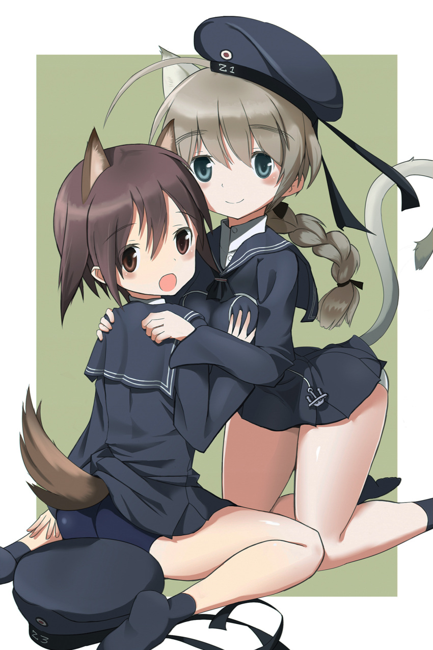 alternate_costume animal_ears bkf3110 brown_eyes brown_hair cat_ears cat_tail cosplay dog_ears dog_tail dress hand_on_another's_chest hand_on_another's_shoulder hat highres kantai_collection long_hair lynette_bishop miyafuji_yoshika panties sailor sailor_collar sailor_dress sailor_hat school_swimsuit short_hair socks strike_witches swimsuit swimsuit_under_clothes tail underwear world_witches_series yuri z1_leberecht_maass_(kancolle) z1_leberecht_maass_(kancolle)_(cosplay) z3_max_schultz_(kancolle) z3_max_schultz_(kancolle)_(cosplay)