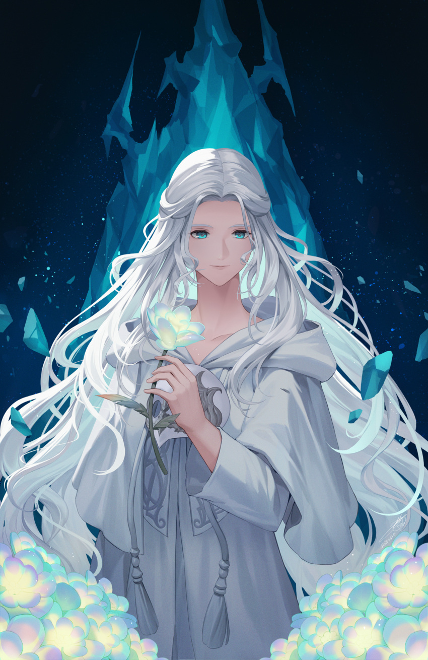 1girl arm_at_side blue_background blue_eyes blue_flower braid capelet collarbone commentary crystal field final_fantasy final_fantasy_xiv floating floating_hair floating_object flower flower_field glowing_flower grey_capelet grey_hair grey_robe half_updo hand_up highres holding holding_flower hood hood_down hooded_capelet long_hair long_sleeves looking_down mask mask_around_neck mask_removed mt_(ringofive) robe shards single_braid smile solo standing tassel upper_body venat_(ff14) wavy_hair