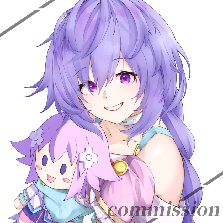 1girl bare_shoulders blue_dress blush blush_stickers braid braided_ponytail character_doll commission d-pad d-pad_hair_ornament doll_hug dress esto_0079 hair_between_eyes hair_ornament happy highres kami_jigen_game_neptune_v looking_at_viewer messy_hair neptune_(neptune_series) neptune_(series) object_hug off_shoulder open_mouth pink_eyes purple_hair pururut single_braid smile solo upper_body