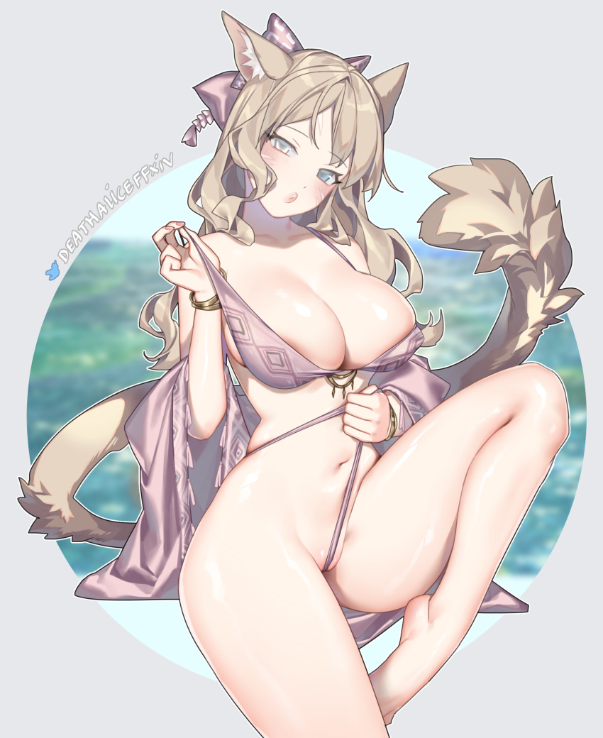 1girl animal_ears barefoot blue_eyes blush bow bracelet breasts brown_hair cat_ears cat_girl cat_tail cleavage commentary deathalice english_commentary final_fantasy final_fantasy_xiv fingernails grey_background hair_bow highres jewelry large_breasts long_hair looking_at_viewer miqo'te navel pink_bow simple_background sitting solo tail thighs twitter_username