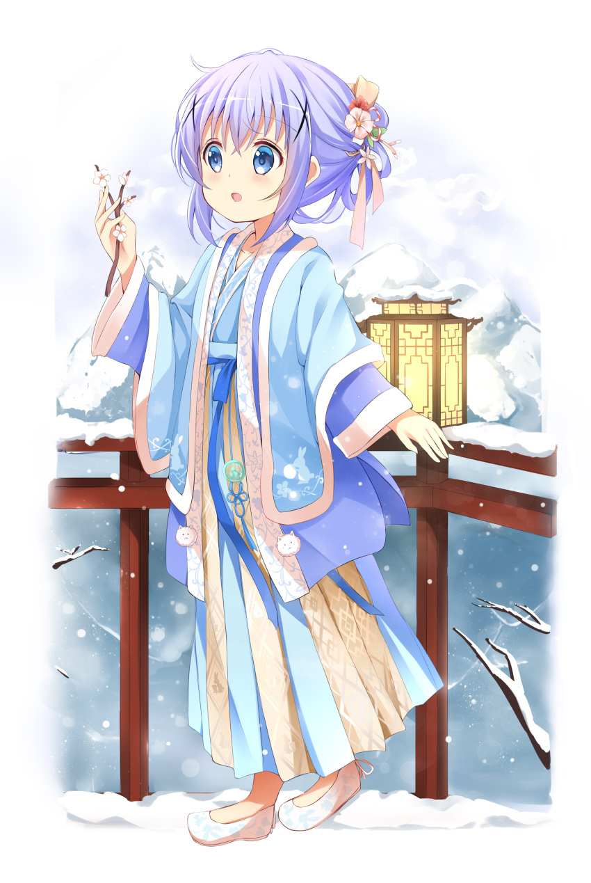 1girl :d absurdres bangs blue_eyes blue_hair blush branch chinese_clothes commentary_request flower gochuumon_wa_usagi_desu_ka? hair_between_eyes hair_flower hair_ornament hanfu highres holding holding_branch kafuu_chino lantern long_sleeves open_clothes pink_flower railing shoes smile snow solo stick_jitb walking white_flower white_footwear x_hair_ornament