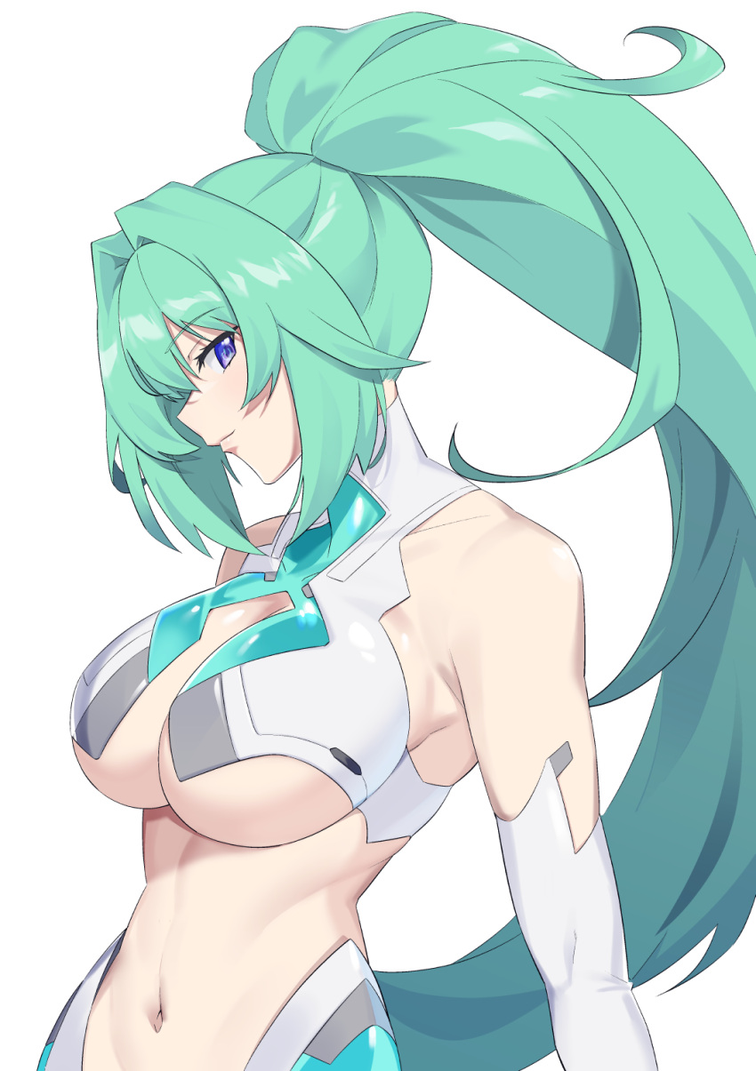 1girl arm_at_side bare_shoulders blush breasts from_side green_hair green_heart hair_between_eyes heart high_ponytail highres large_breasts long_hair looking_at_viewer makino_harumaki navel neptune_(series) ponytail power_symbol purple_eyes solo symbol-shaped_pupils upper_body very_long_hair white_background