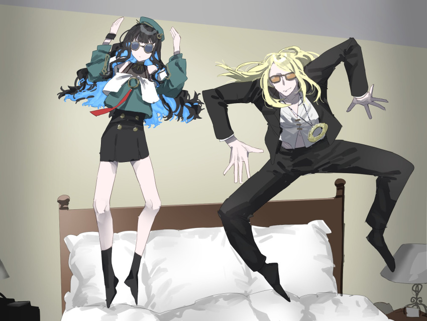 blonde_hair brother_and_sister fate/grand_order fate_(series) glasses hair_ornament highres huitzilopochtli_(fate) jumping_on_bed meme miniskirt multicolored_hair siblings skirt tezcatlipoca_(fate) youkai_gyaru_(meme)