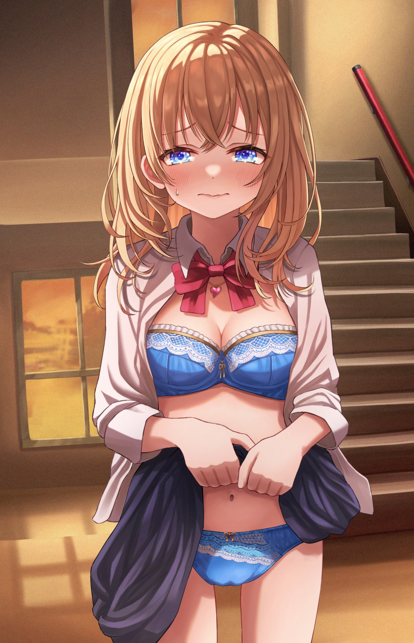 1girl absurdres bangs blonde_hair blue_bra blue_eyes blue_panties blue_skirt blush bow bow_bra bow_panties bra breasts cleavage clothes_lift commentary cowboy_shot dress_shirt embarrassed frown half-closed_eyes harupuri913 heart heart_necklace highres indoors jewelry lifted_by_self long_sleeves looking_at_viewer medium_breasts medium_hair medium_skirt navel necklace open_clothes open_shirt original panties school_uniform shirt skirt skirt_lift solo stairs stairwell standing sweatdrop twilight underwear white_shirt window wing_collar
