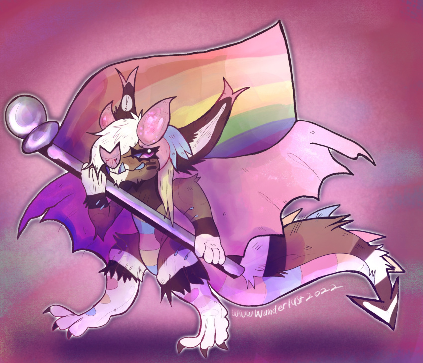 2022 anthro bat_nose belly_scales big_ears blonde_hair blue_hair blue_sclera blue_teeth brown_body brown_fur claws digital_media_(artwork) flag flag_(object) fur hair hi_res holding_flag holding_object horn lambiechops lgbt_pride membrane_(anatomy) membranous_wings monster pink_eyes pink_hair pride_color_flag pride_colors rainbow_pride_colors rainbow_symbol scaled_legs scales simple_background six-stripe_rainbow_pride_colors solo spade_tail spiked_tail spikes spikes_(anatomy) tail tail_scales teeth tipped_ears underbite wanderlust_(lambiechops) white_hair wings