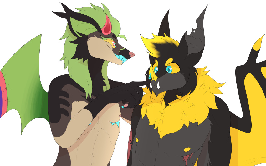 absurd_res anthro bat bat_nose bat_wings bats_(lambiechops) blue_pupils blue_teeth boop brown_body brown_fur bustersw0rd_(artist) canid canine claws digital_media_(artwork) duo fur green_body green_eyelashes green_fur hair hi_res horn j_(lambiechops) long_claws male mammal mastectomy_scar membrane_(anatomy) membranous_wings neck_tuft nipples nose_boop nose_scar notched_ear open_mouth patchwork_creature pawpads paws pink_eyes pink_horn pink_paws pupils scar smile tuft wings