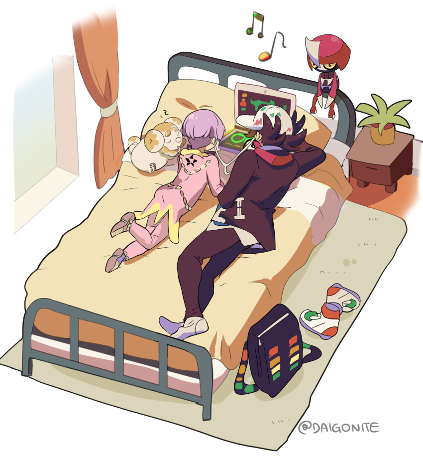 2boys backpack backpack_removed bag baseball_cap bed coat commentary computer curtains earphones fidough giacomo_(pokemon) goro_orb hat highres indoors jacket laptop listening_to_music lying male_focus multiple_boys musical_note nightstand on_bed on_side on_stomach ortega_(pokemon) pants pawniard pillow pink_coat pink_pants pokemon pokemon_(creature) pokemon_(game) pokemon_sv purple_hair shared_earphones short_hair socks team_star white_headwear window