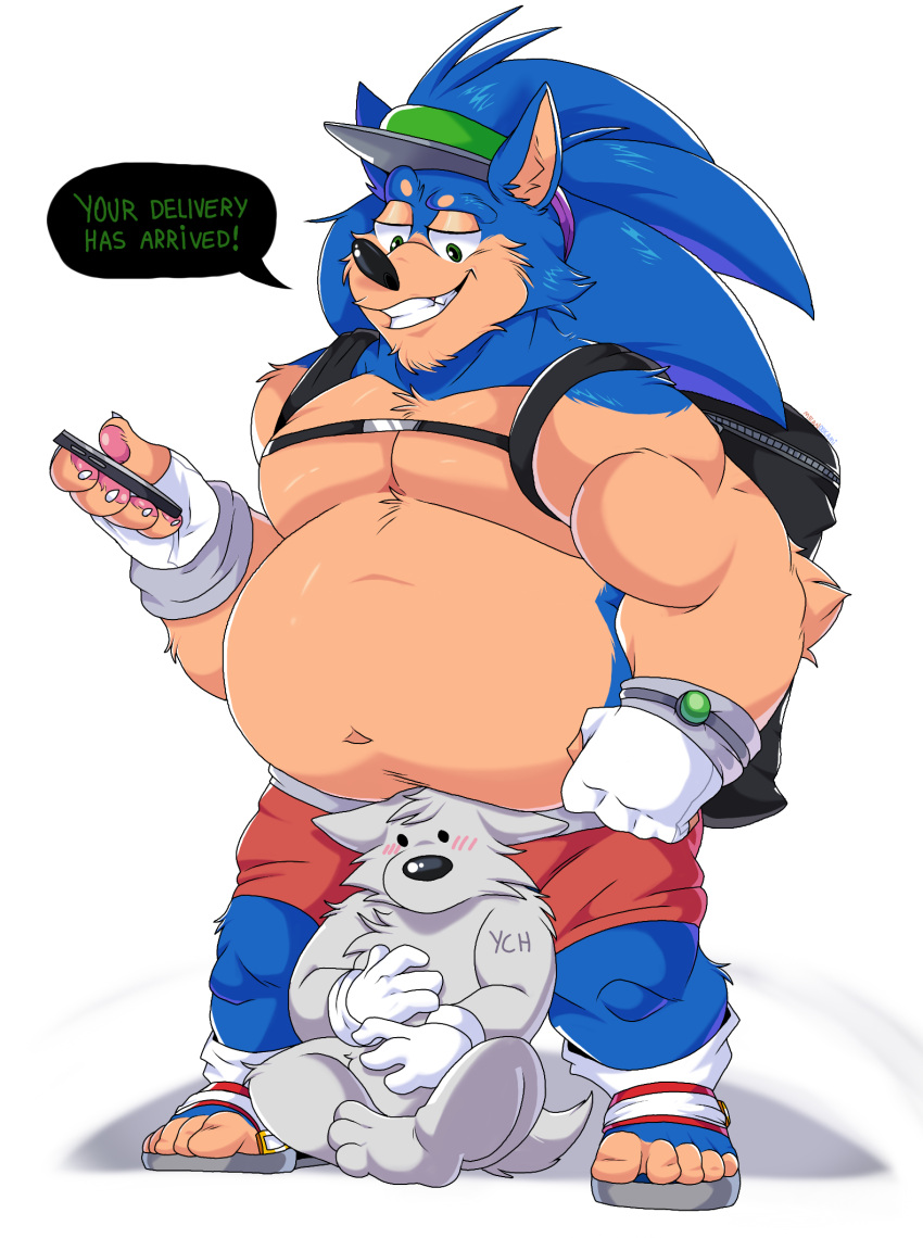 anthro belly blue_body blue_fur blush canid canine canis cellphone chest_tuft clothing dialogue dot_eyes duo eulipotyphlan feet footwear fur gloves grey_body hair handwear hat headgear headwear hedgehog hi_res lewdookami male mammal muscular muscular_male paws phone ponytail sega shoes slightly_chubby smile smirk sonic_the_hedgehog sonic_the_hedgehog_(series) tuft uber_eats wolf ych_(character)