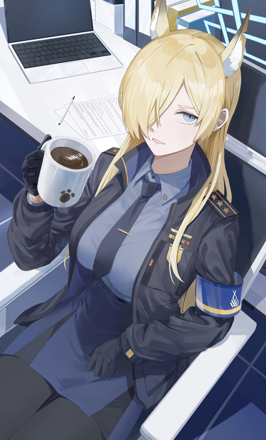 1girl absurdres animal_ear_fluff animal_ears armband asymmetrical_bangs bangs black_gloves black_jacket blonde_hair blue_archive blue_eyes blue_necktie blue_shirt blue_skirt cjsdh1000 coffee_mug collared_shirt computer cup epaulettes extra_ears from_above gloves hair_over_one_eye halo highres holding holding_cup indoors jacket kanna_(blue_archive) laptop long_hair long_sleeves looking_at_viewer mug necktie paper parted_lips pen pencil_skirt shirt shirt_tucked_in sitting skirt solo tie_clip