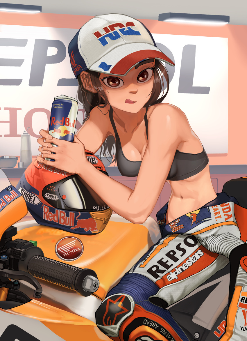 1girl abs absurdres baseball_cap biker_clothes bikesuit black_sports_bra bodysuit breasts brown_eyes brown_hair can cleavage commentary_request covered_nipples fingernails ground_vehicle hat headwear_removed helmet helmet_removed highres honda licking_lips long_hair medium_breasts motor_vehicle motorcycle narrow_waist navel on_motorcycle open_bodysuit open_clothes original product_placement red_bull rifleman1130 soda_can solo sponsor sports_bra tongue tongue_out unzipped