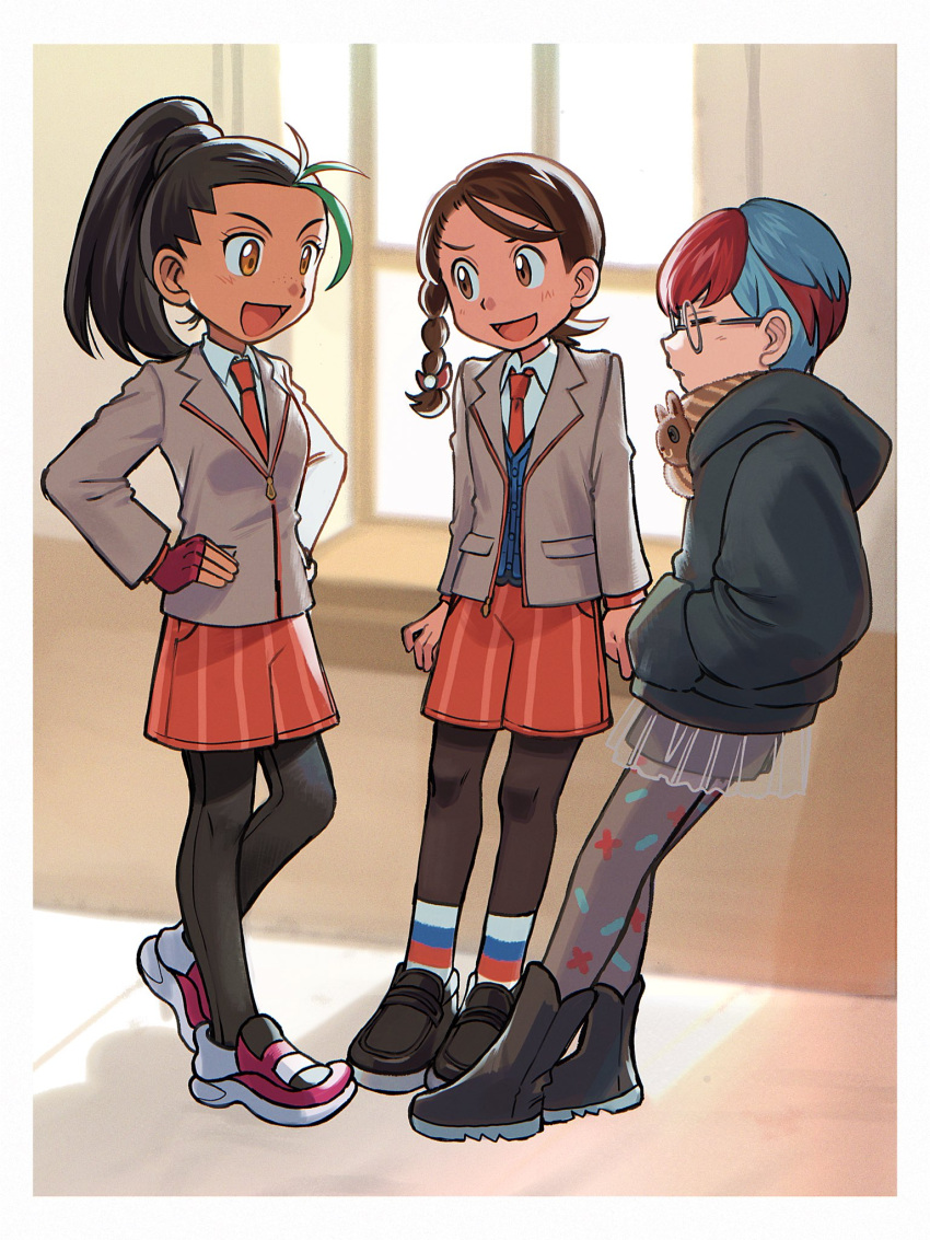 3girls :d arm_support black_hair black_hoodie black_pantyhose blush boots braid brown_eyes brown_hair closed_eyes collared_shirt elizabeth_(tomas21) fingerless_gloves freckles glasses gloves green_hair highres hood hood_down hoodie jacket juliana_(pokemon) leaning multicolored_hair multiple_girls necktie nemona_(pokemon) open_clothes open_jacket open_mouth orange_necktie orange_shorts pantyhose penny_(pokemon) pokemon pokemon_(game) pokemon_sv ponytail red_gloves scarf school_uniform see-through see-through_skirt shirt shoes shorts shorts_under_skirt skirt smile sneakers standing streaked_hair two-tone_hair window