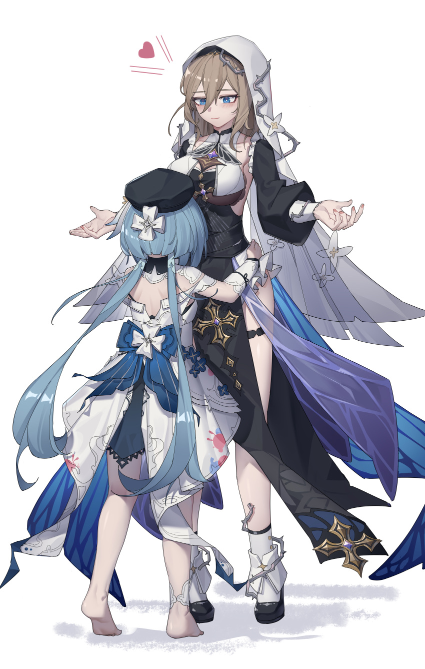 2girls absurdres aponia_(honkai_impact) bangs barefoot beret black_dress blue_eyes blue_hair breasts brown_hair closed_mouth dress full_body griseo hair_between_eyes hair_ornament hat heart highres honkai_(series) honkai_impact_3rd hug large_breasts long_hair long_sleeves multiple_girls no_shoes nun pelvic_curtain shadow simple_background standing twintails veil white_background white_dress yuk233