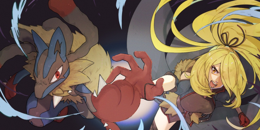 1girl black_background blonde_hair breasts clenched_hand cynthia_(pokemon) cynthia_(sygna_suit)_(aura)_(pokemon) gloves hair_over_one_eye long_hair looking_at_viewer lucario mega_lucario mega_pokemon official_alternate_costume open_mouth outstretched_arm pokemon pokemon_(creature) pokemon_(game) pokemon_masters_ex ponytail red_eyes red_gloves tebukuro_tette very_long_hair yellow_fur
