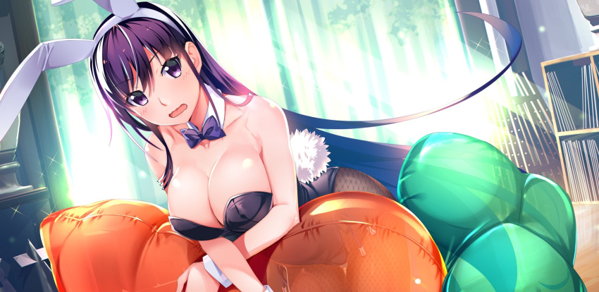 animal_costume animal_ears bow bowtie breasts fake_animal_ears fishnet_pantyhose fishnets grisaia_(series) grisaia_no_kajitsu highres large_breasts long_hair pantyhose playboy_bunny purple_eyes purple_hair rabbit_costume rabbit_ears rabbit_girl rabbit_tail sakaki_yumiko stuffed_carrot tail watanabe_akio