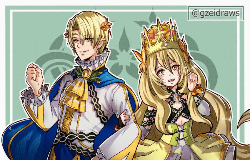 1boy 1girl alfred_(fire_emblem) bangs blonde_hair blue_cape brother_and_sister butterfly_hair_ornament cape celine_(fire_emblem) crown dress fire_emblem fire_emblem_engage flat_chest frilled_sleeves frills green_eyes gzei hair_between_eyes hair_ornament highres holding_another's_arm long_hair long_sleeves looking_at_viewer open_mouth short_hair siblings twitter_username upper_body very_long_hair