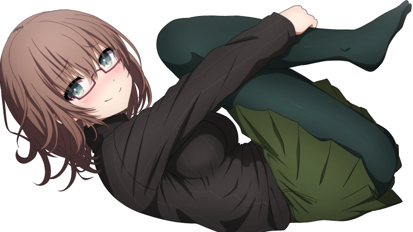 1girl bang_dream! bangs black_shirt blush breasts brown_hair closed_mouth commentary_request from_side full_body glasses green_eyes green_pantyhose green_skirt hair_between_eyes highres hugging_own_legs long_sleeves looking_at_viewer looking_to_the_side lying medium_breasts noshimurin on_back pantyhose pleated_skirt purple-framed_eyewear semi-rimless_eyewear shirt simple_background skirt sleeves_past_wrists smile solo under-rim_eyewear white_background yamato_maya