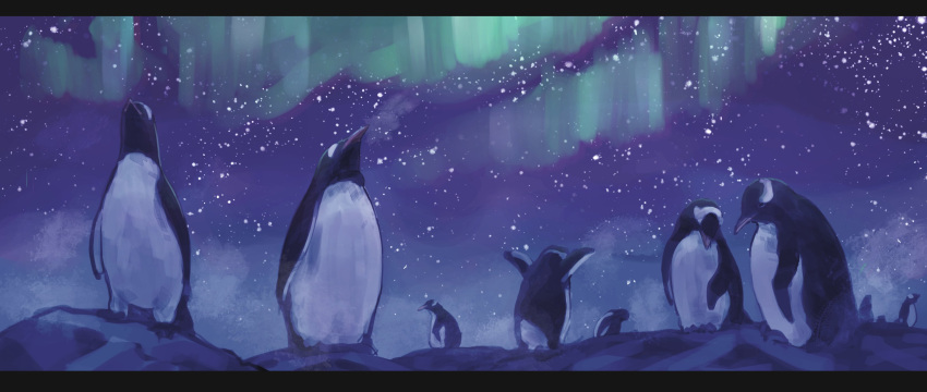 absurdres animal arms_up aurora bird breath commentary_request highres letterboxed looking_to_the_side looking_up night night_sky no_humans original outdoors penguin purple_sky sky standing star_(sky) starry_sky yubrich