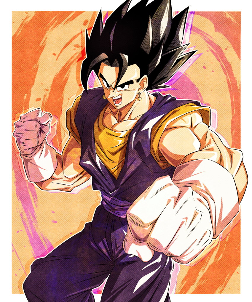 1boy absurdres arm_up biceps black_eyes black_hair border clenched_hands commentary_request dithering dougi dragon_ball dragon_ball_z earrings gloves hair_between_eyes hand_up highres incoming_attack incoming_punch jewelry looking_at_viewer male_focus multicolored_background muscular muscular_male open_mouth orange_background orange_shirt outside_border potara_earrings punching purple_sash sash sekitsuki_hayato shirt simple_background solo spiked_hair teeth tongue v-shaped_eyebrows vegetto white_border white_gloves