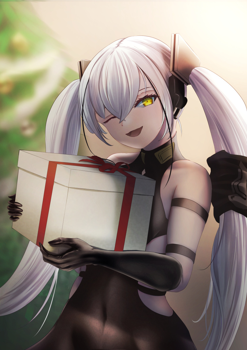 1girl 6256256 absurdres bare_shoulders black_dress black_gloves christmas christmas_present christmas_tree covered_navel destroyer_(girls'_frontline) dress gift girls'_frontline gloves hair_between_eyes highres long_hair looking_at_viewer one_eye_closed sangvis_ferri solo twintails very_long_hair white_hair