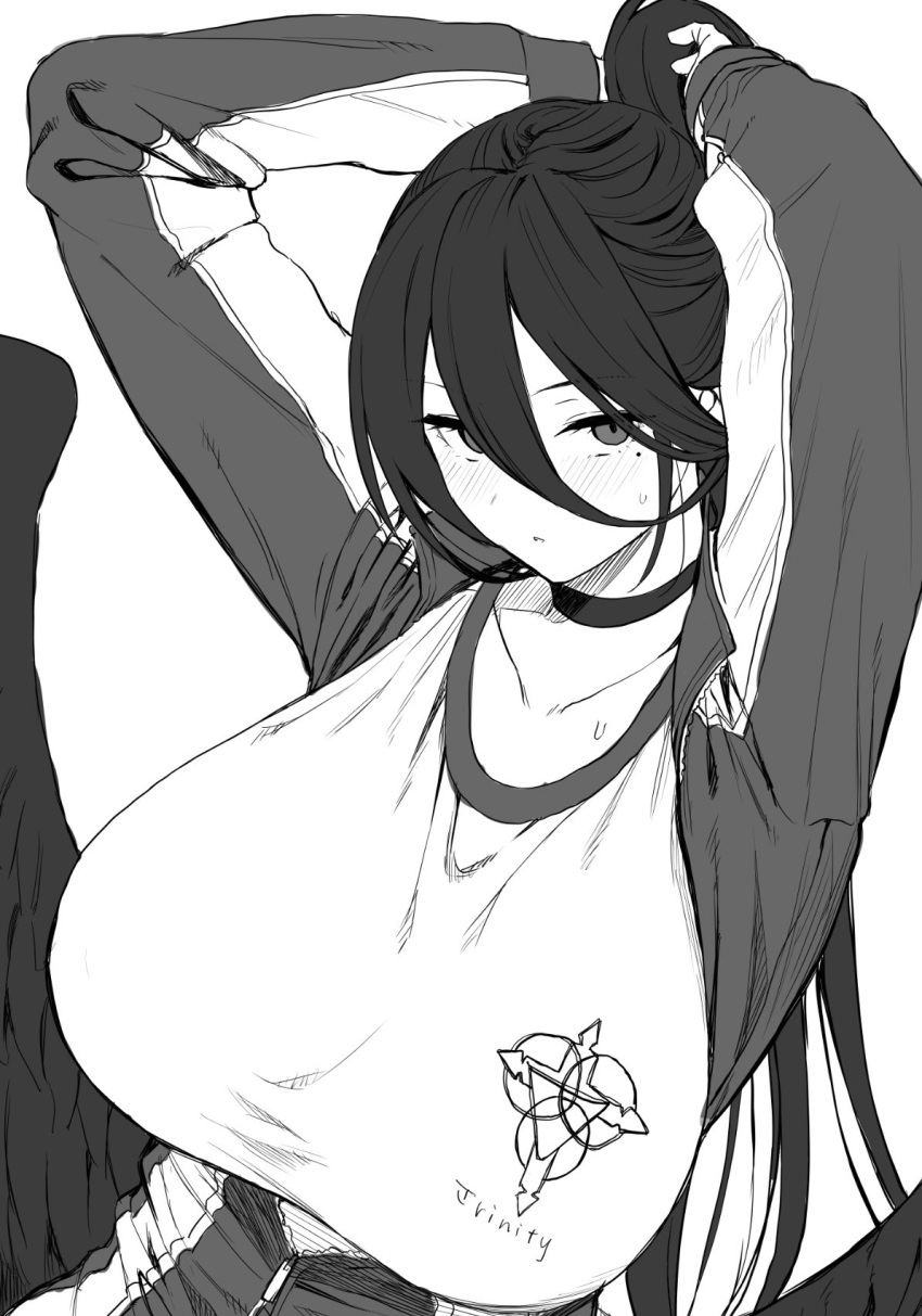 1girl amano_don arms_up blue_archive blush breasts choker collarbone greyscale hair_between_eyes hasumi_(blue_archive) hasumi_(gym_uniform)_(blue_archive) highres huge_breasts jacket long_hair long_sleeves looking_at_viewer low_wings mole mole_under_eye monochrome parted_lips partially_unzipped ponytail solo tying_hair wings