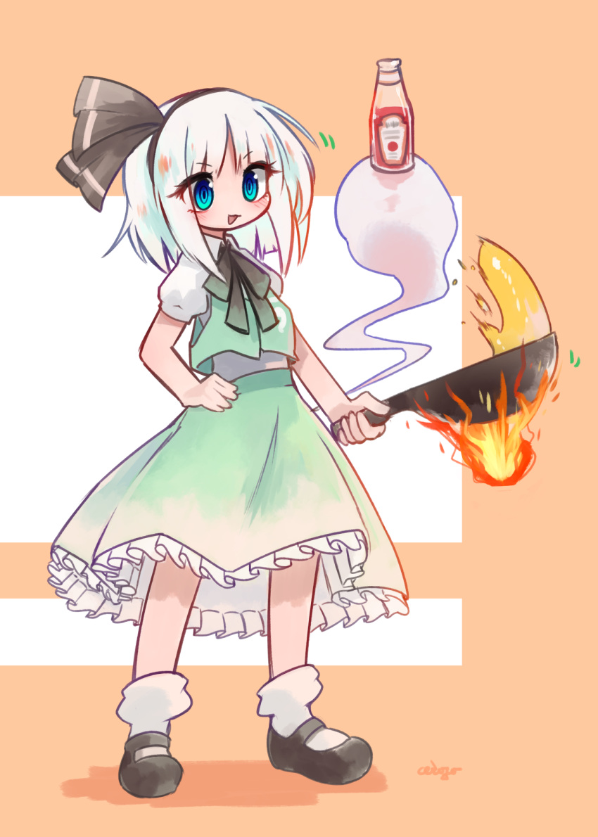 1girl black_footwear black_hairband black_ribbon blue_eyes bowl ceroblitz fire green_skirt hairband highres holding holding_bowl ketchup konpaku_youmu konpaku_youmu_(ghost) ribbon short_hair skirt solo thighhighs touhou white_hair white_thighhighs