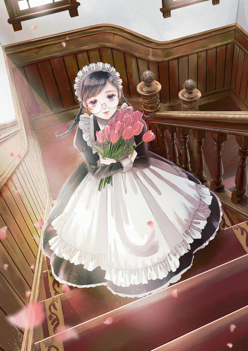 1girl absurdres apron bangs black_dress black_hair blurry braid carpet closed_mouth dress dutch_angle eyelashes eyeshadow flower frilled_apron frilled_dress frills from_above glasses hanasaki_taru highres holding holding_flower indoors leaf light_particles light_rays lips long_dress long_sleeves looking_at_viewer maid maid_apron maid_headdress makeup original petals pink_eyeshadow pink_flower pink_lips pink_tulip purple_eyes railing red_carpet round_eyewear sleeve_cuffs solo stairs sunbeam sunlight swept_bangs tulip twin_braids two-tone_dress white_apron white_dress window wooden_railing
