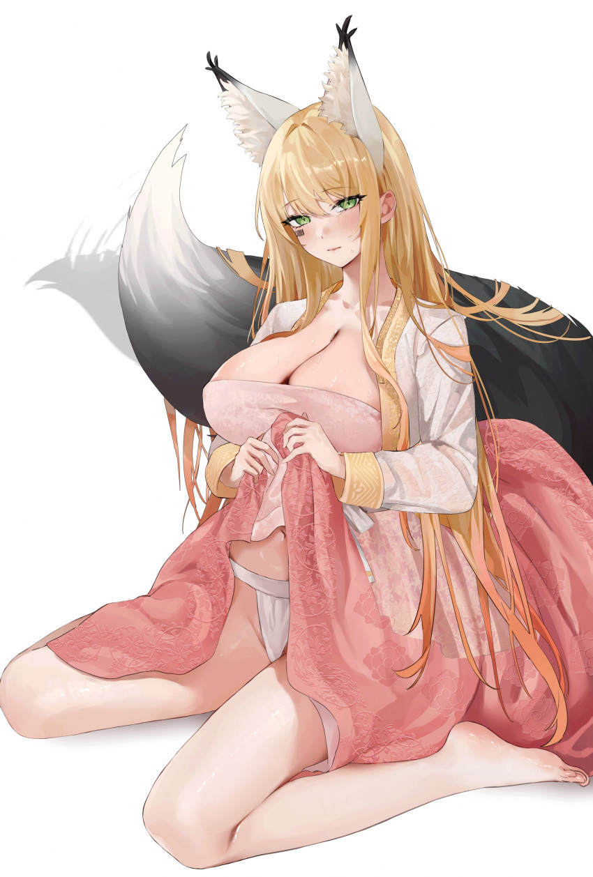 1girl absurdres animal_ear_fluff animal_ears bangs barcode barcode_tattoo bare_legs barefoot black_tail blonde_hair blush breasts cleavage closed_mouth clothes_lift commission dress embroidered_dress embroidery extra_ears facial_tattoo feet floral_print fox_ears fox_girl fundoshi gompang_11 green_eyes groin highres holding jacket japanese_clothes large_breasts lifted_by_self lips long_hair long_sleeves looking_at_viewer navel open_clothes open_jacket original pink_dress sidelocks simple_background sitting solo sweat tail tail_wagging tattoo thighs toes underwear wariza wet white_background white_jacket