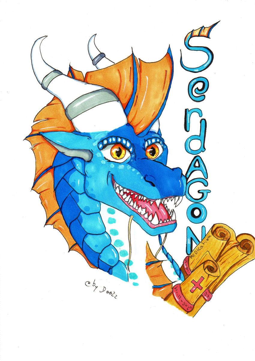2022 4k absurd_res artist_name blue_body colored doozz dragon headshot_portrait hi_res horn_jewelry horn_ring male membrane_(anatomy) name_tag open_mouth orange_eyes pink_tongue portrait reptile ring_(jewelry) scales scalie scroll seawing_(wof) signature solo three-quarter_portrait tongue traditional_media_(artwork) watermark western_dragon wings_of_fire
