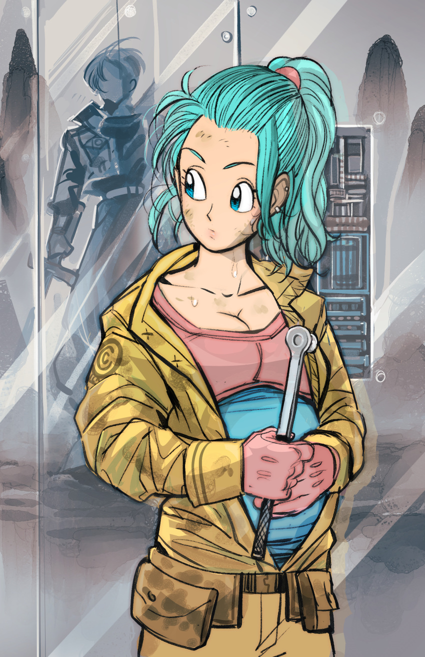 1girl amartbee aqua_eyes aqua_hair breasts bulma bulma_(future) cleavage commentary dirty dirty_face dragon_ball dragon_ball_z ear_piercing earrings english_commentary gloves hair_pulled_back highres jacket jewelry large_breasts piercing ponytail pouch pregnant red_gloves socket_wrench solo sweatdrop trunks_(dragon_ball) trunks_(future)_(dragon_ball) upper_body yellow_jacket